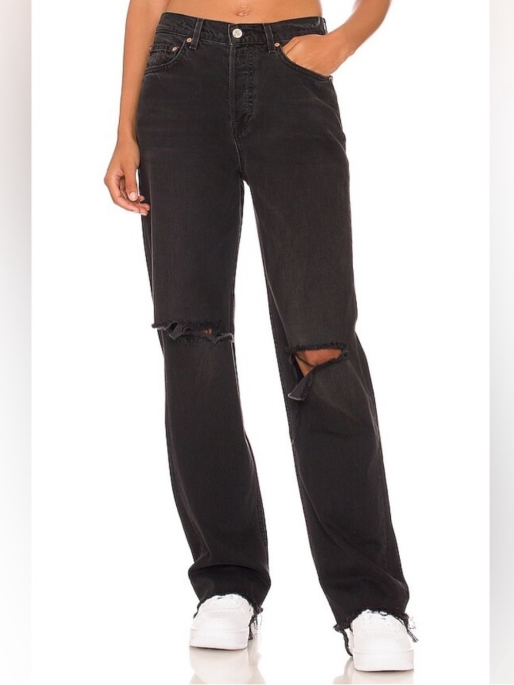 GRLFRND Bella Low Rise Raw Hem Distress Boyfriend Denim Jeans Size 24 Black